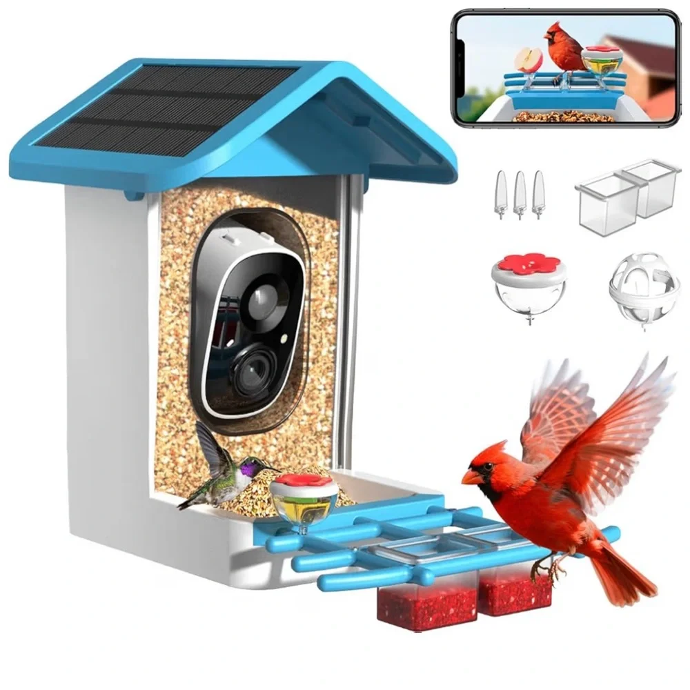 Solar-Powered Bird Feeder with Camera - Blue
